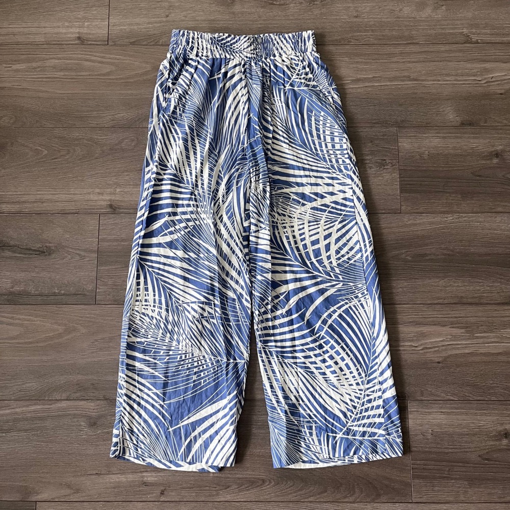 Panama Jack Womens XS Blue White Palm Leaf Linen Blend Wide Leg Crop Pants